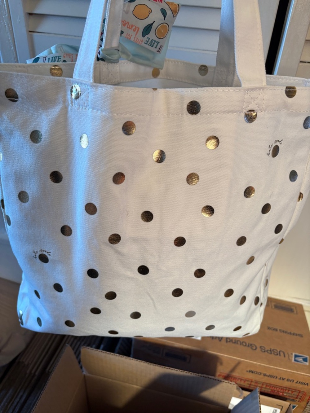 kate spade White Tote with Gold Polka Dots and Charm Scarf - Picture 2 of 5